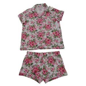 Womens Tahari Pink Floral Print Pajama Set M Short Sleeve ButtonUp Shirt, Shorts